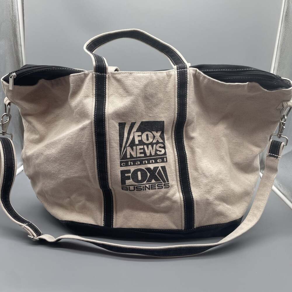 FOX NEWS Channel LARGE Capacity Canvas Tote Bag Cream Black 27x16x9 Heavy Duty